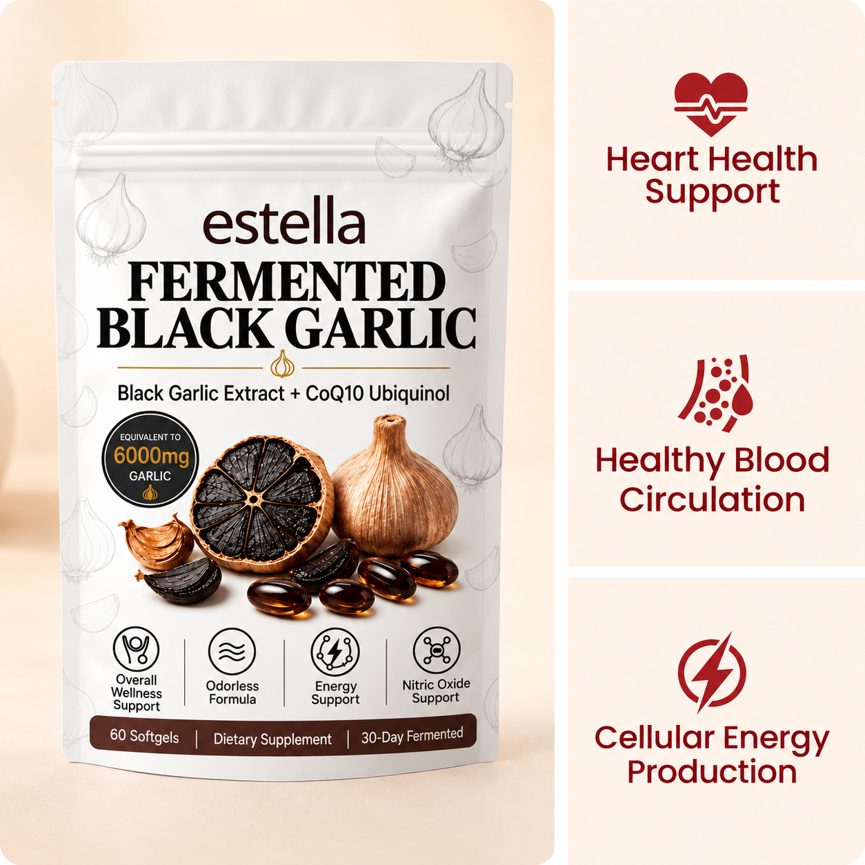 Estella Fermented Black Garlic Extract + CoQ10 Ubiquinol - 6000mg Odorless Softgels