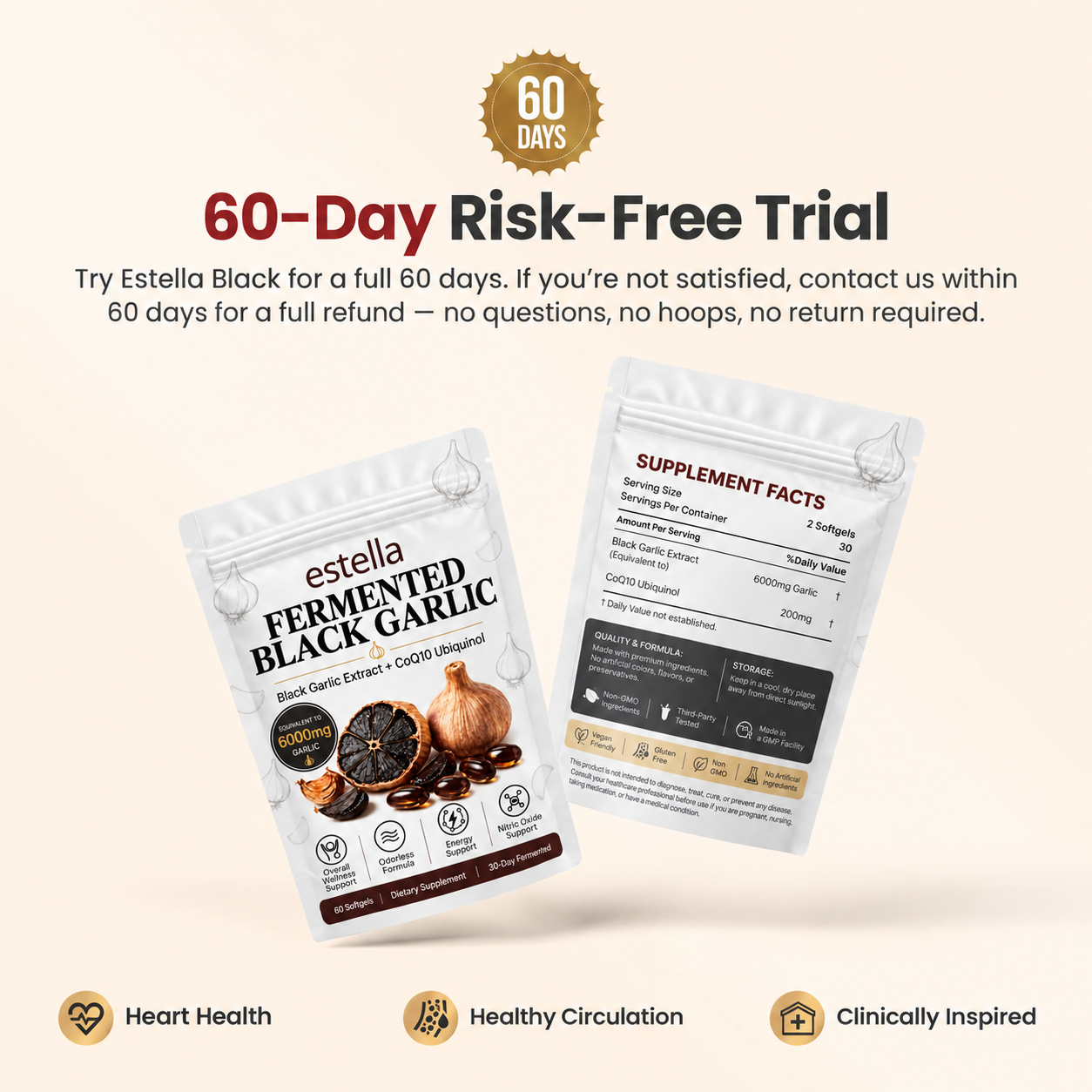 Estella Fermented Black Garlic Extract + CoQ10 Ubiquinol - 6000mg Odorless Softgels